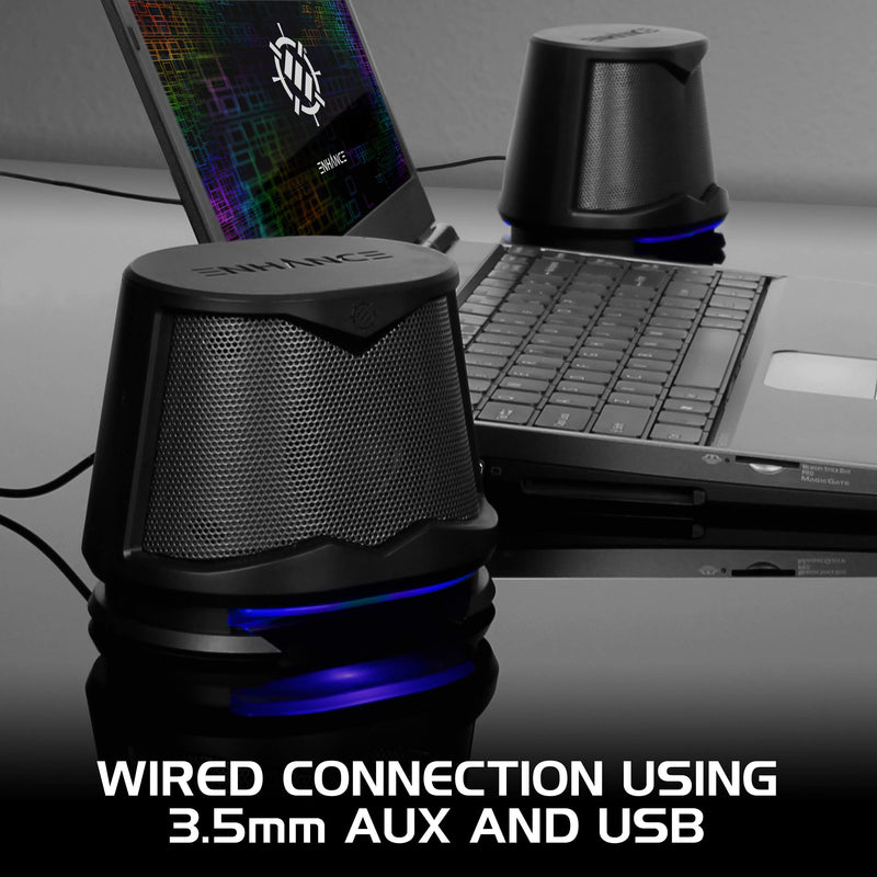 ENHANCE SB2 PC Speakers with Blue LED Glow Lights and 2.0 USB Powered Design - 10W Peak Sound, 3.5mm Wired Connection, in-Line Volume Control - Compatible with Gaming Desktop, Laptop, PC - Black