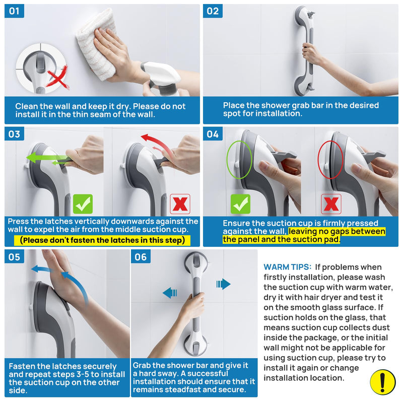 LEVERLOC 2 Pack Shower Grab Bars for Bathtubs and Showers, Easy to Install Suction Shower Handles for Bathroom Removable Handrails for Seniors Elderly Heavy Duty Safety Grip Waterproof Drill Free Gray 16.8” 2 Set
