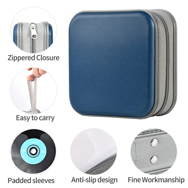 UENTIP CD Case for Car,48 Capacity DVD Case Portable Zipper CD Case Holder Large Storage CD Wallet CD Organizer Home Travel (Dark Blue, 48) dark blue