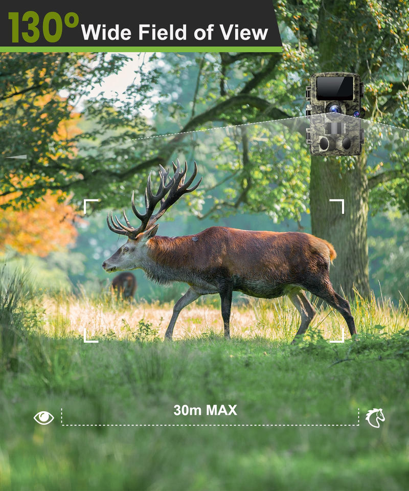 Trail Camera 4K 48MP Game Camera with Motion Activated, Low Glow Infrared LEDs Night Vision 130° Wide Angle with 32GB SD Card for Outdoor Wildlife Deer