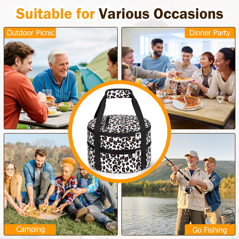 Round Double Insulated Casserole Carrier – 12" Portable Pie Carrier Bag for Hot or Cold Food, Leakproof Thermal Lunch Tote with Handle for Parties Picnic & Travel - Leopard