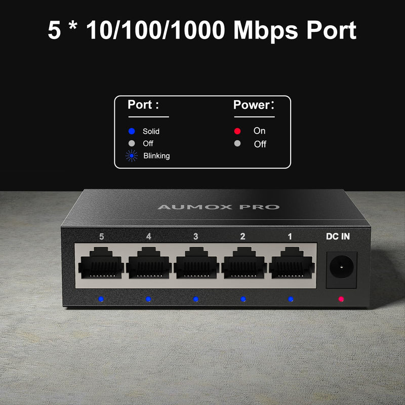 5 Port Gigabit Unmanaged Ethernet Switch, AUMOX PRO Home Network Hub, Office Ethernet Splitter, Plug-and-Play, Silent Operation, Desktop or Wall Mount, Fanless Metal Design 5 Port| 5*1G Port