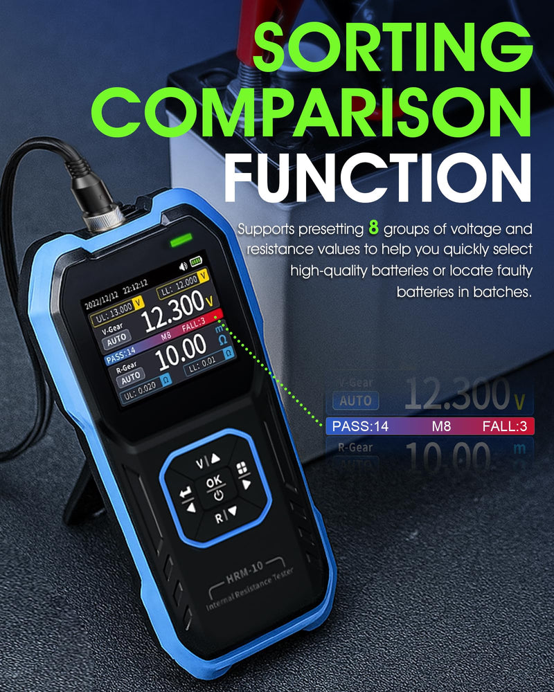HRM-10 Battery Internal Resistance Tester, 4-Wire Car Battery Analyzer & Voltmeter, 0-100V 0-200Ω, with Sorting Mode, Auto/Manual Range for Car, Li-ion, Lead Acid