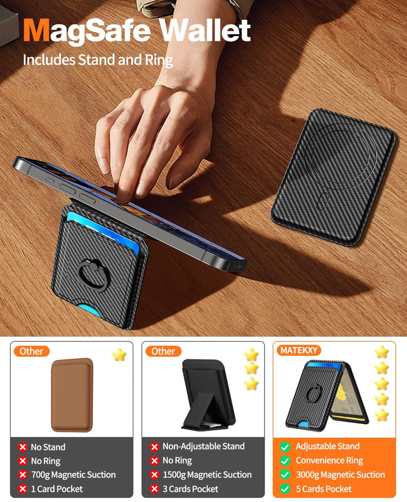 Magsafe Wallet with Magnetic Card-Holder - Phone Wallet with Adjustable Stand and Ring Grip, Fit 5 Cards, Compatible with iPhone, Samsung and etc, (Black) Black