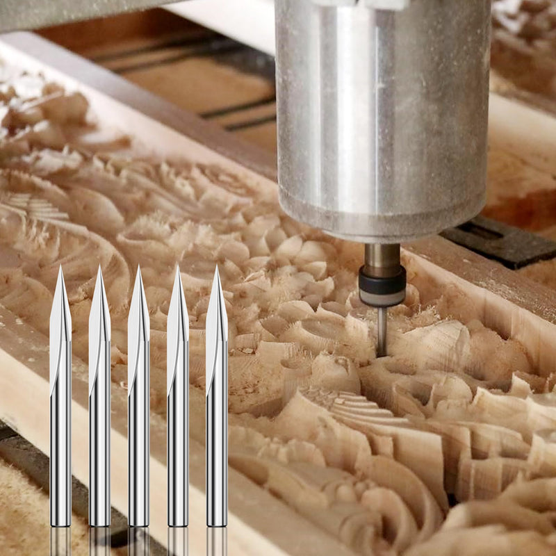 HUHAO V Groove CNC Wood Engraving Bit, 1/8 Shank, 20 Degree 0.1mm Carbide Tip Engraving Bits,2 Flute Straight & V-Bit Woodworking Carving Bit Tool for Plywood, MDF Lettering Sign Making ø3.175*20°*0.1mm 5pcs