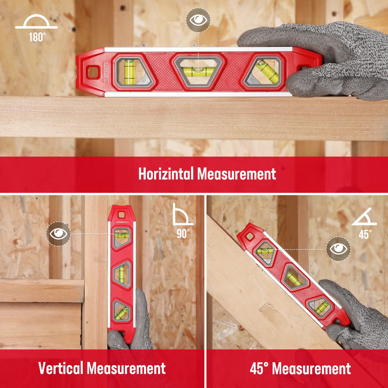 WORKPRO spirit level magnetic 23 cm, mini spirit level torpedo spirit level with 3 levels 45°/90°/180°, impact-resistant block level, aluminum frame, strong magnet, can be read from above, for construction professionals