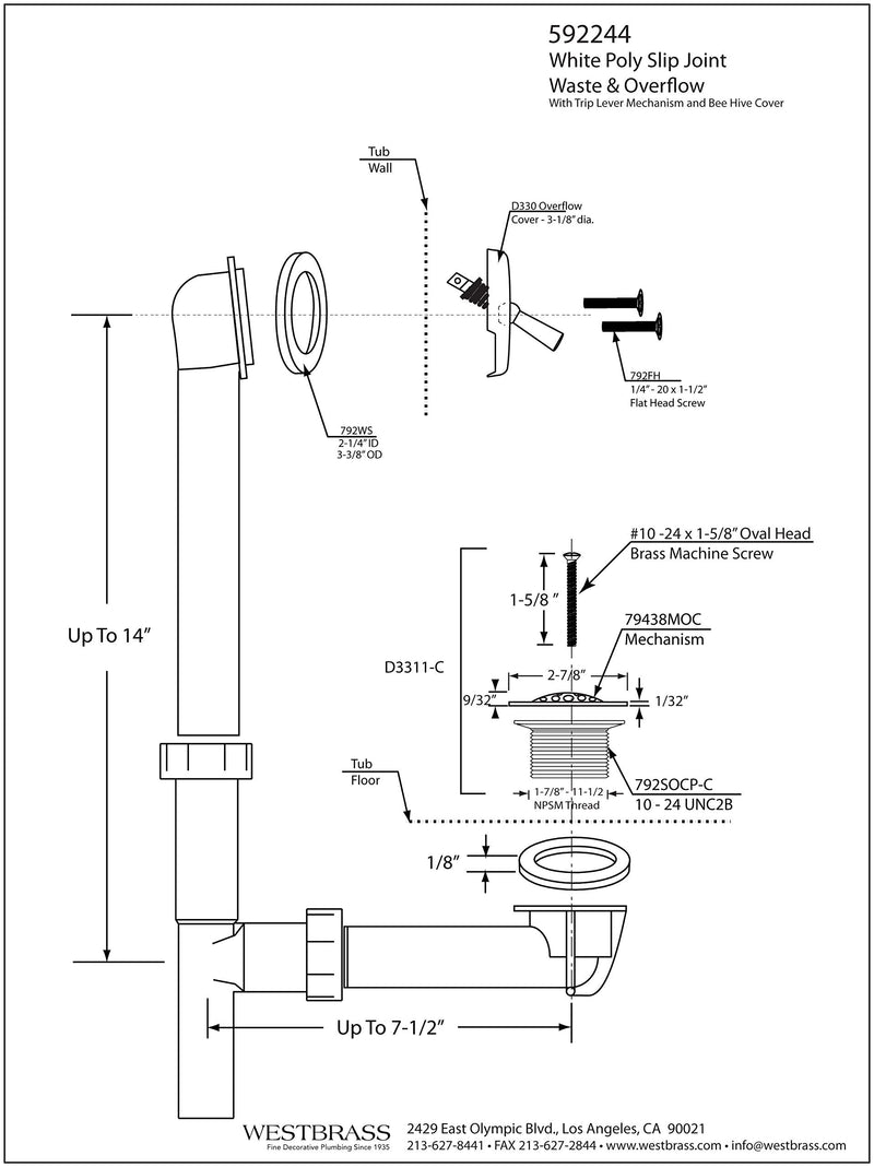 Westbrass 592244-07 White 1-1/2" Tubular Trip Lever Bath Waste Drain Kit, Satin Nickel 1-Pack