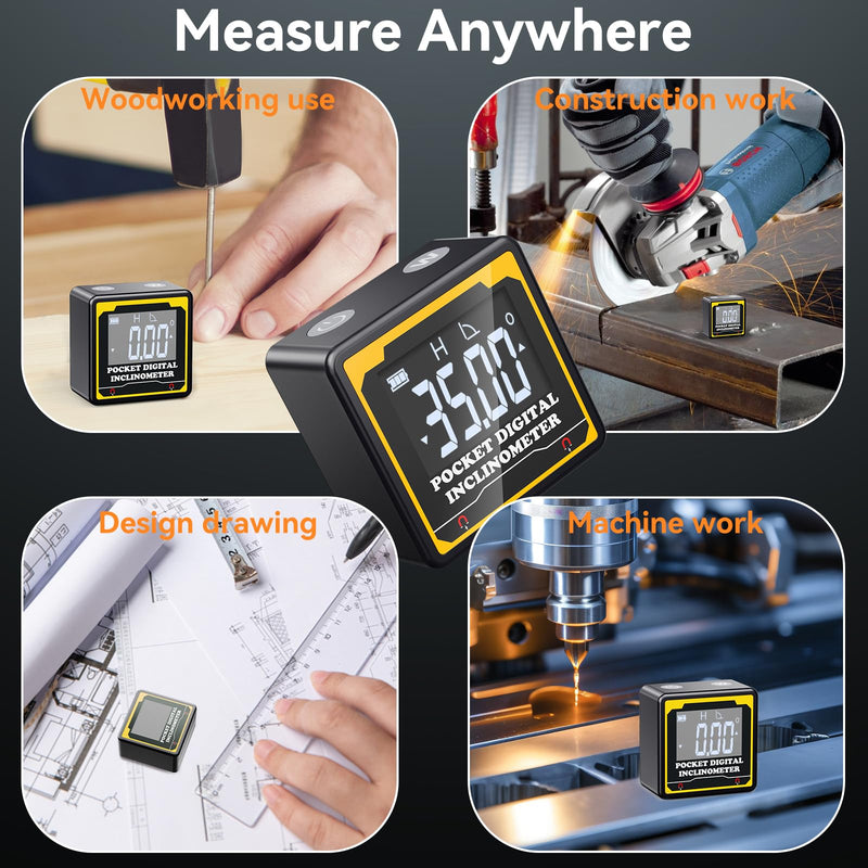 Preciva Magnetic Digital Angle Finder,Pocket-Sized 1.42″ 4-Sided Inclinometer with Backlit LCD,±0.2° High Precision,USB‑C Rechargeable,IP54 Waterproof for Construction,Metalworking&DIY Projects