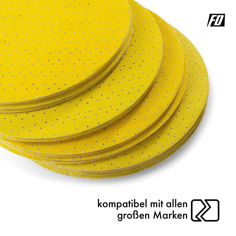 Professional sanding discs │ yellow │ 25 pieces │ Ø 225 mm │ 5 x grain 60/80/120/180/220 each │ for long-neck sanders │ self-adhesive │ sanding sheets │ sandpaper │ sanding pads │ by FD-Workstuff