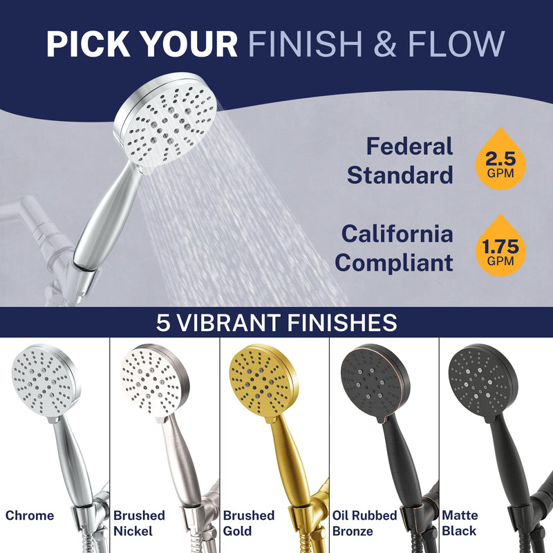 HammerHead Showers® Solid Metal 3-Spray Hand Held Shower Head, Chrome | Select from Wide, Massage, and Mist Sprays | 2.5 GPM High Flow Handheld Showerhead | Made from 304 Stainless Steel