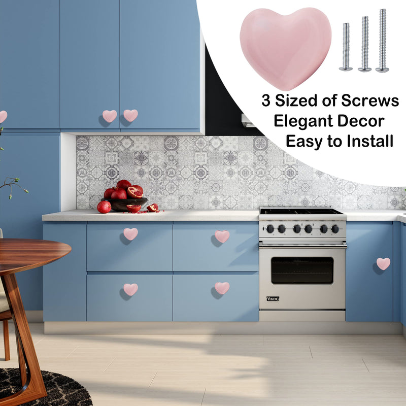 Ceramic Drawer Knobs Heart Shape Cabinet Dresser Pulls Handles with 3 Sized Screws, Kitchen Furniture Knobs for Closet Cupboard Wardrobe (20 Pack, Power Pink) 20 Pack Powder Pink