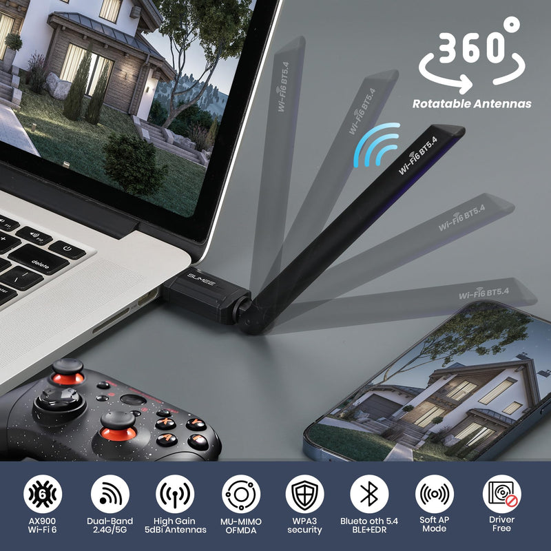 SUMEE 2-in-1 USB Bluetooth 5.4 & WiFi 6 Adapter for PC Desktop, AX900Mbps Dual-Band 5GHz/2.4GHz, 6dBi High Gain Antenna, Wireless Transmitter/Receiver, Plug & Play for Windows 10/11/7 BT5.4+WIFI