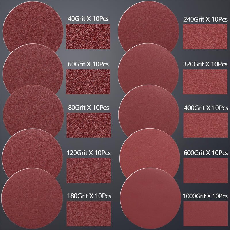 Stebruam Pack of 100 Sandpaper 150 mm Velcro Sanding Discs 40-1000 Grit | No Hole Sanding Disc, 6 Inch Sanding Discs Set for Car Wood Metal Paint Stone Glass and Furniture Mix grit