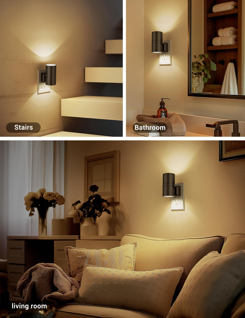 Night Lights Plug into Wall, Dimmable Night Light Plug in, Modern Night Lights with Dusk to Dawn Light Sensor, Soft White 3000K, 0-100LM Adjustable Brightness Nightlight for Hallway Bedroom, 4 Pack Warm - Black Shade