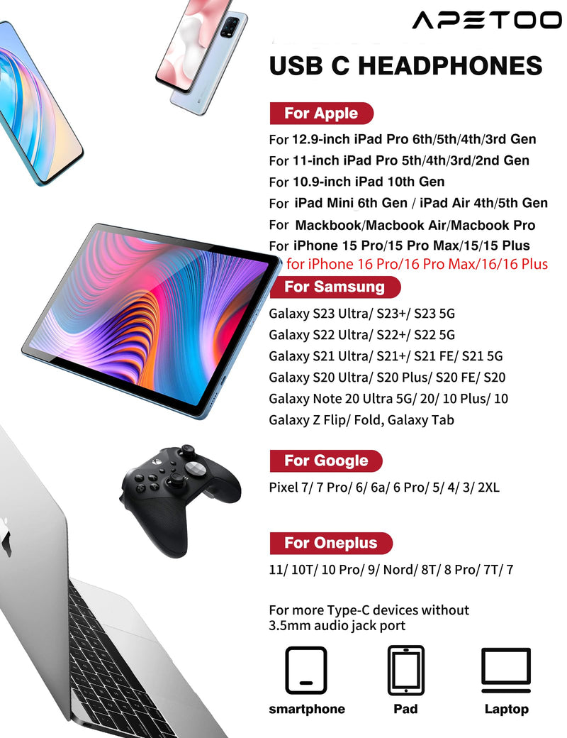 USB C Headphones for iPad Pro iPhone 15 Pro 16 Pro,USB Type C Earphones HiFi Stereo USB C Wired Earbuds Microphone Volume Control for Samsung S23 Ultra S22 S21 Note20 A54,Pixel 9 8 7 6 6a 5 4,OnePlus9 White