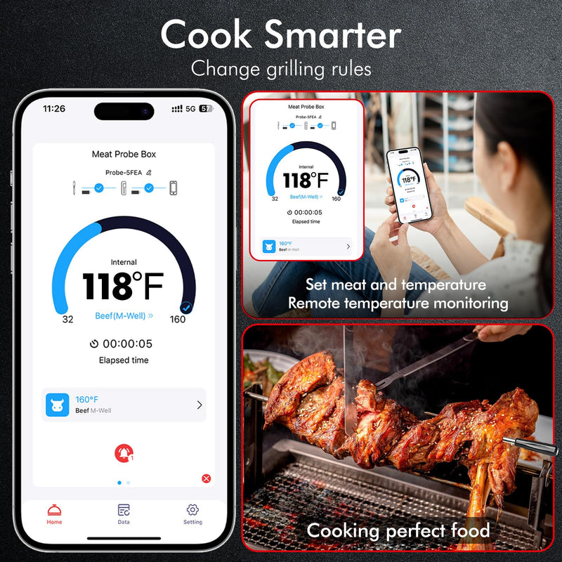 Wireless Smart Bluetooth Meat Thermometer Digital for BBQ, Grill, Oven, Smoker, 500ft Range Cooking Thermometer with Ultra-Thin Wireless Meat Probe, Perfect for Steak, Chicken, Turkey