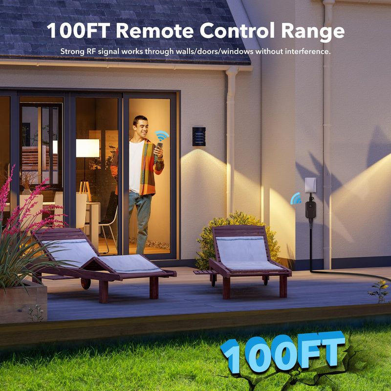 BN-LINK Outdoor Remote Control Outlet Plug Black,Indoor Wireless Outlet Switch Weatherproof Heavy Duty 15A 3-Prong 6-inch Cord 100Ft Range,3Pack(Battery Included) 1 Outlet, 1 Remote,3 Pack