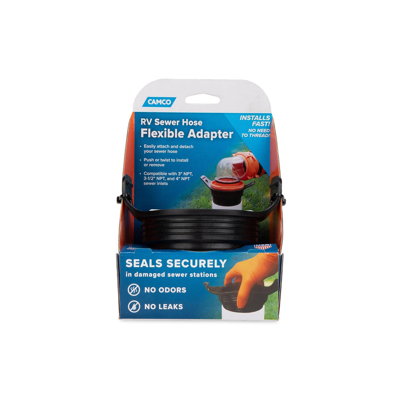 Camco Flexible 3-in-1 Sewer Adapter Hose Seal -Flexible Fitting That Makes Connection to a Sewer Inlet Simple and Less Hands On! (39318), Black Sewer Hose Adapter Seal