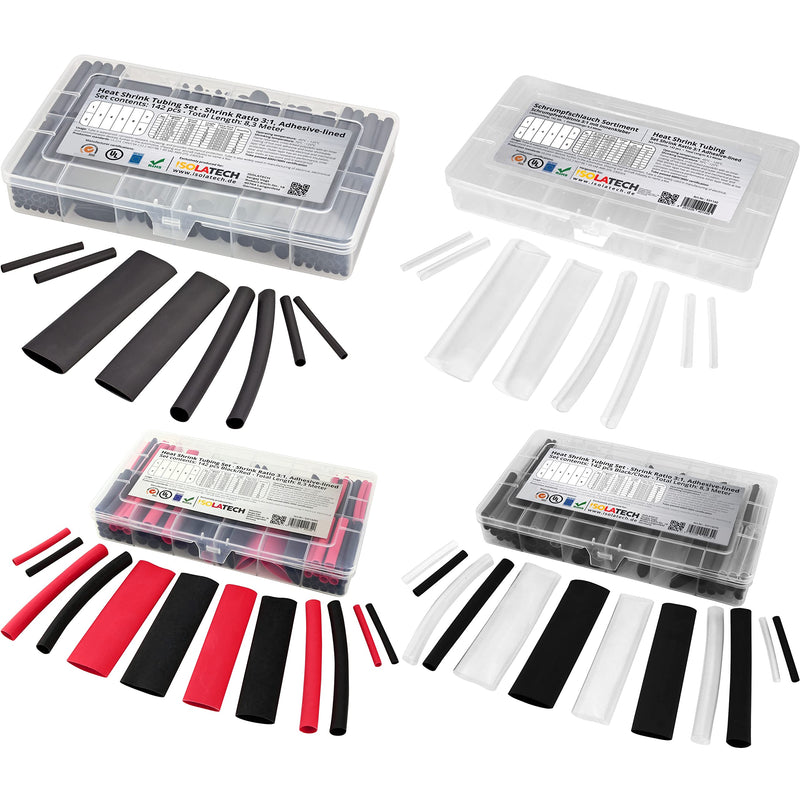 142-piece set 3:1 with adhesive heat shrink tubing assortment Set with total length of 8.3 m. Waterproof thanks to hot glue layer on the inside. By Isolatech., transparent | Unlabeled, 8.3 m total length, in a practical assortment box, hot glue layer f...