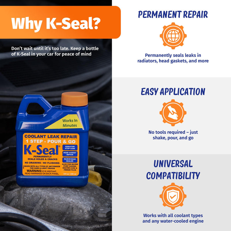 K-Seal ST5501 Multi-Purpose One Step Permanent Coolant Leak Repair, 8oz, Pour and Go, Mixes with All Antifreeze, No Flushing Required