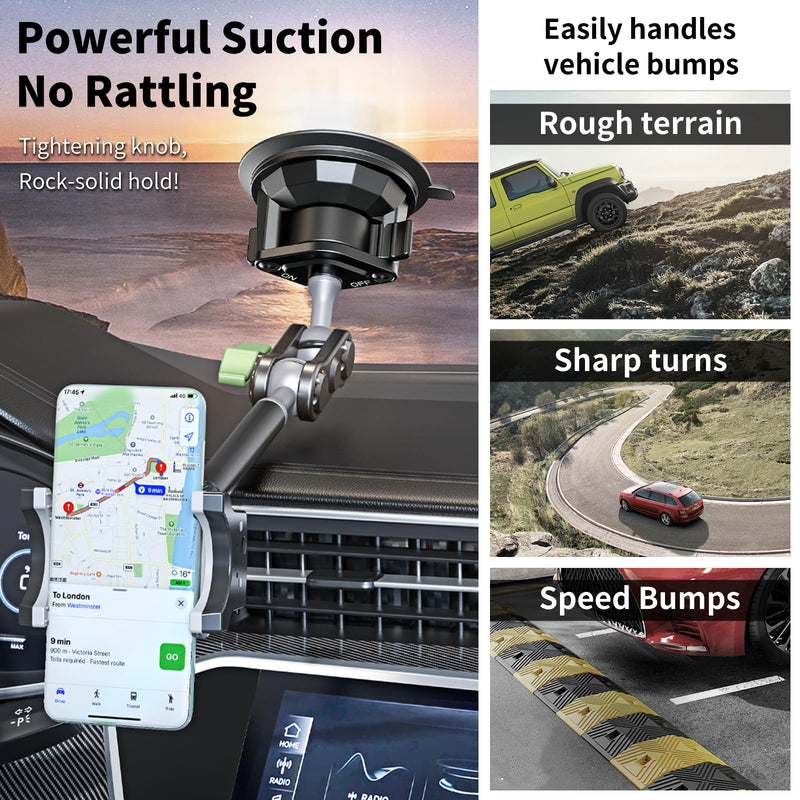 Car Phone Holder-Phone Mount for Car Windshield & Truck-Holder with 360° Rotating Metal Arm-Mount with Super Stable Suction Cup for All Vehicles
