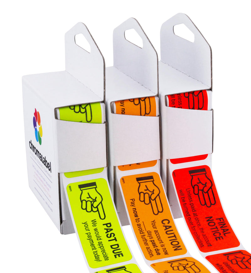 ChromaLabel 1 x 2.25 Inch Accounts Receivable Labels Collections Late Invoice Stickers, 250 Labels per Dispenser Box 1" x 2.25" Collections Kit