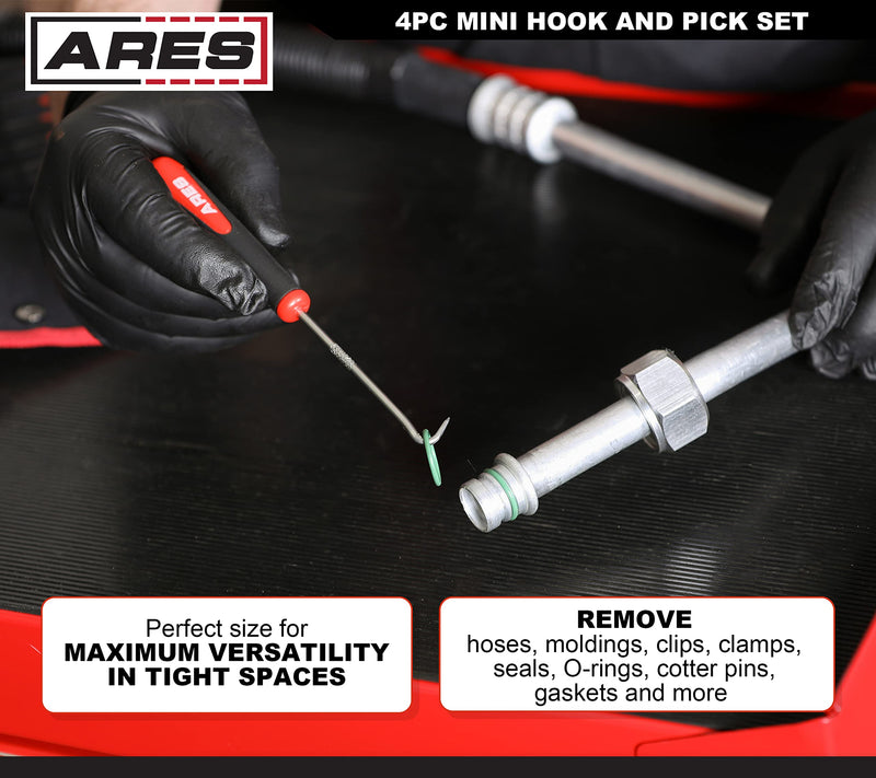 ARES 10034 – Mini Hook and Pick Set - 4-Piece Set Includes Angled, Straight, and Full Hooks and Picks - Hardened Steel Shafts - Easily Remove Hoses, O-Rings, and Gaskets 4-Piece Mini Hook/Pick Set