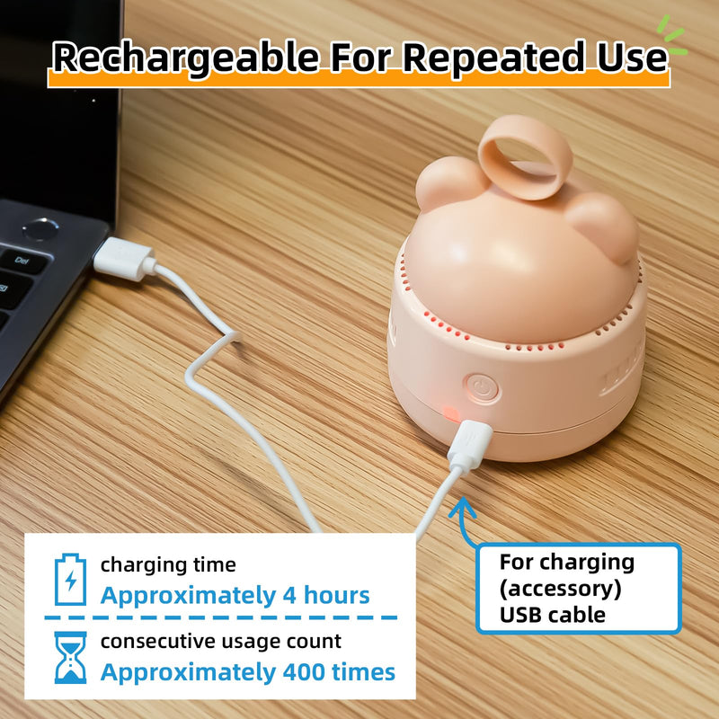 Zmol Mini Desktop Vacuum Cleaner with USB Charging, Cleaning Brush, Bear Head Ring for Easy Grip, 360° Swivel Portable Vacuum Cleaner for Keyboards Office Desks and Other Dusty Debris Beige