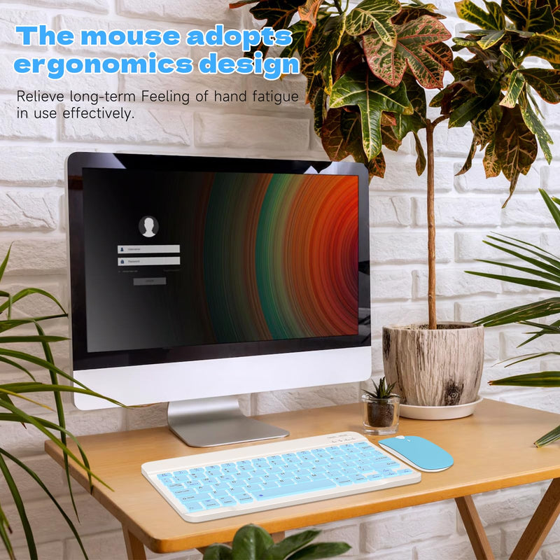 Bluetooth Keyboard and Mouse Combo, QWERT Layout Universal Ultra-Slim Wireless Keyboard Mouse Set for Android Windows iPad iPhone Samsung Tablet Portable Compact Keyboard Set, Light Blue
