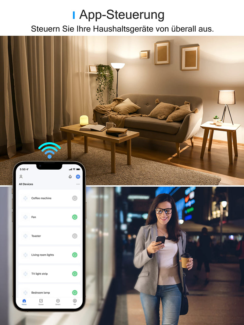 EIGHTREE Smart WLAN Socket with Current Measurement, 16 A, 2.4 GHz WiFi, Pack of 4 | Smart Home WiFi Socket with Schedule and Remote Access, TÜV Certified, Works with Alexa, Google Home, SmartThings