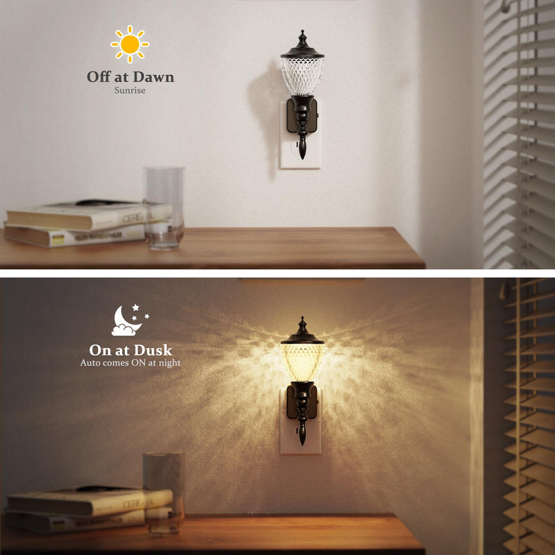 JandCase 2 Pack Night Lights Plug into Wall, 3000K Soft White, Dusk to Dawn Sensor, 0-100LM Dimmable Industrial Night Light, for Bedroom, Bathroom, Living Room, Hallway Black