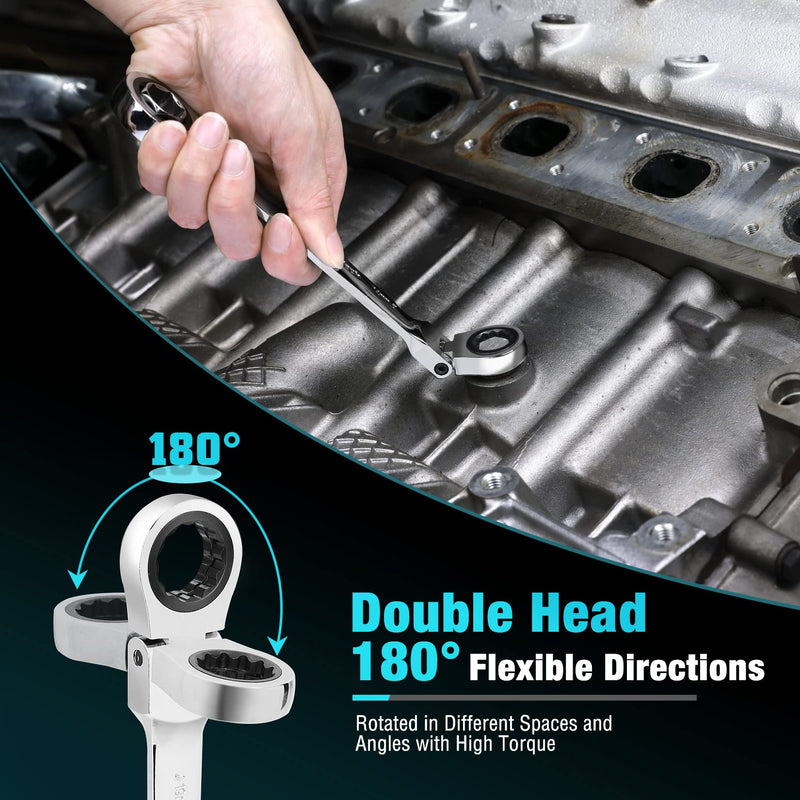 DURATECH 12-in-1 Flex-Head Ratcheting Wrench Set & 24-in-1 Screwdriver Set, Double Box End Wrench 8-19mm, 1/4" Drive Adapter with 24PCS Driver Bits, CR-V Steel, with Tool Box