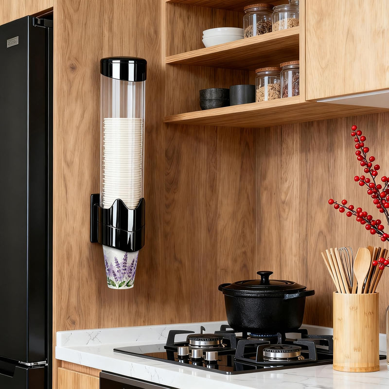 MYITYARD Large Cup Dispenser, Wall Mount Water Cooler Cup Dispenser Fits 9oz - 12oz Disposable Paper and Plastic Cups, Pull Type Cup Holder for Home Office Hospital Gym, Magnetic Mounting, Black Black - Large