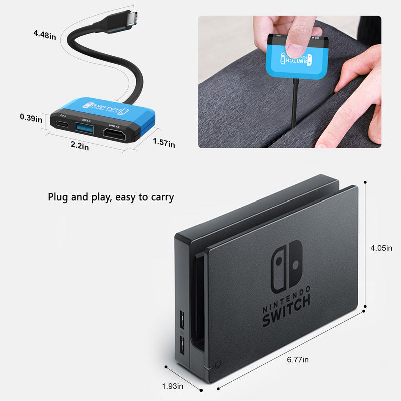 Switch Dock for Nintendo Switch/OLED Switch,3-in-1 Portable TV Dock with 4K HDMI USB 3.0 Port USB C PD 100W Charging,Travel Docking Station Replacement for Switch Blue