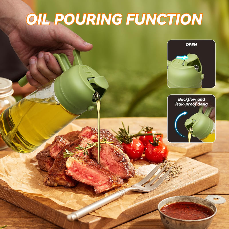 Oil Dispenser for Kitchen, 2 in 1 Olive Oil Dispenser Bottle, 17oz/500ml Glass Oil Dispenser Bottle & Oil Spray Bottle,Oil Sprayer for Cooking, Kitchen, Salad, Barbecue (Green)