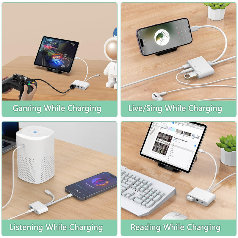 Lightning + USB C to Aux Audio Headphone Jack Adapter,Multi USB OTG Camera Adapter+3.5mm Earphone Jack+Type-C Earphone/Charge Port,Phone Splitter for iPhone 15/14/13,Samsung,iPad,Huawei,Flash Drive