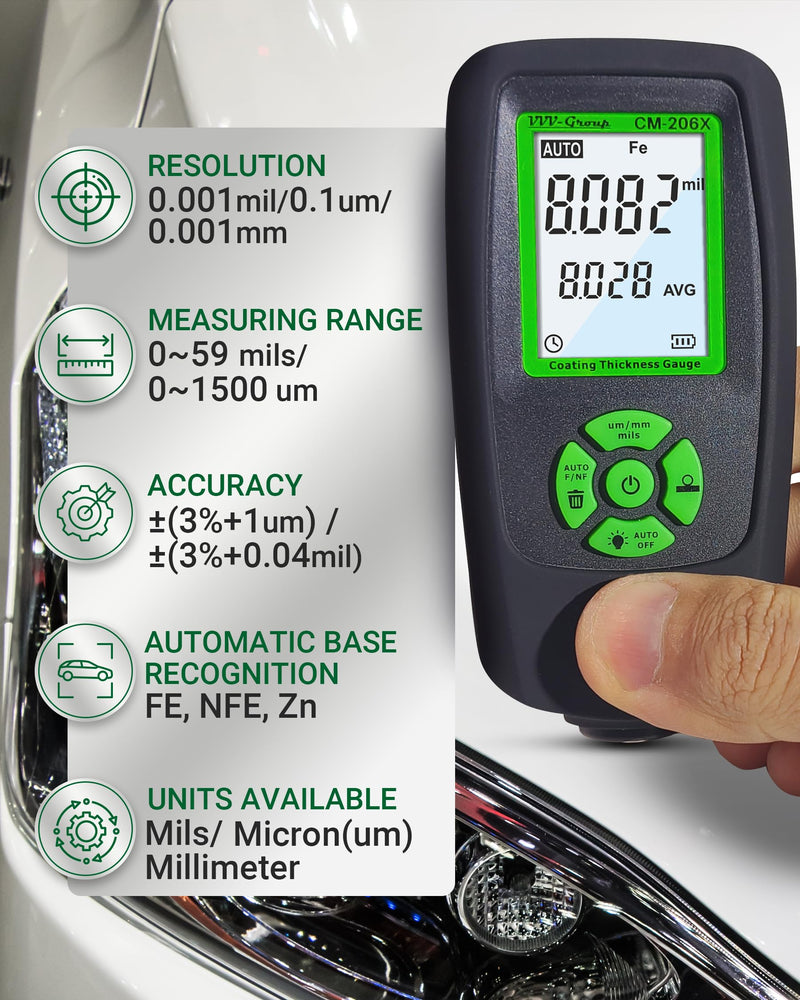 Paint Thickness Gauge – CM-206X Automotive Coating Thickness Meter 0–59.1 mils (0–1500 µm), 0.001 mils Resolution, Fe/NFe/Zn Auto Detection, Ruby Probe