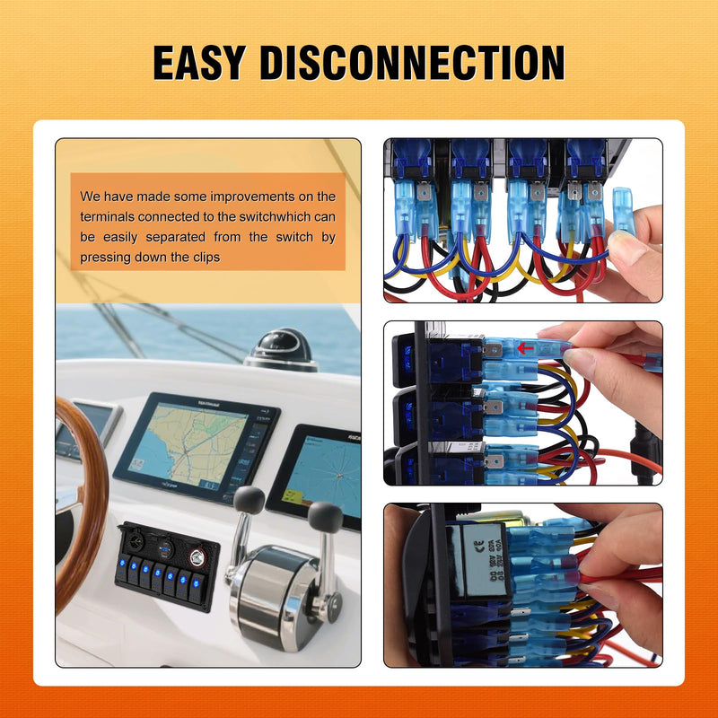 7 Gang Boat Switch Panel Waterproof, Marine Rocker Switch Panel 12-24V with Dual USB Charger and Fuse, Suitable for RV UTV Truck(On/Off Blue LED Plastic-LED blue 7 gang