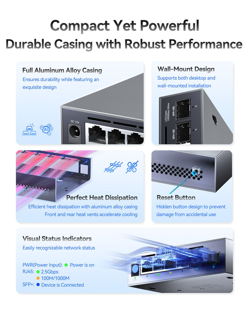 6-Port 2.5G Web Managed Ethernet Switch, VLAN/QoS/STP/IGMP/LACP Supported, Fanless Easy Smart 2.5Gb Network Switch, Aluminum Housing, Desktop/Wall-Mount