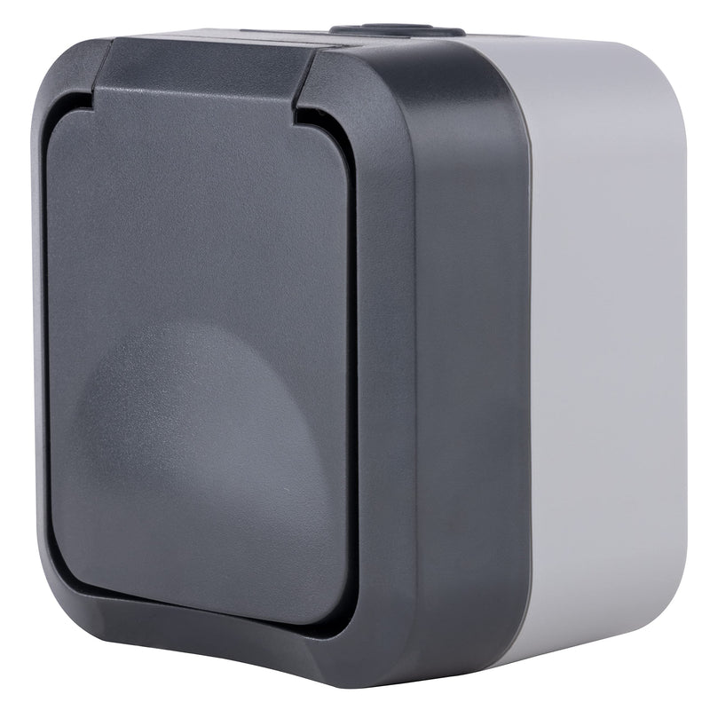 REV - AquaStorm, 1-way socket, wet room, IP55 two-pole, surface-mounted, 230V, 16A, anthracite 1-way socket sockets