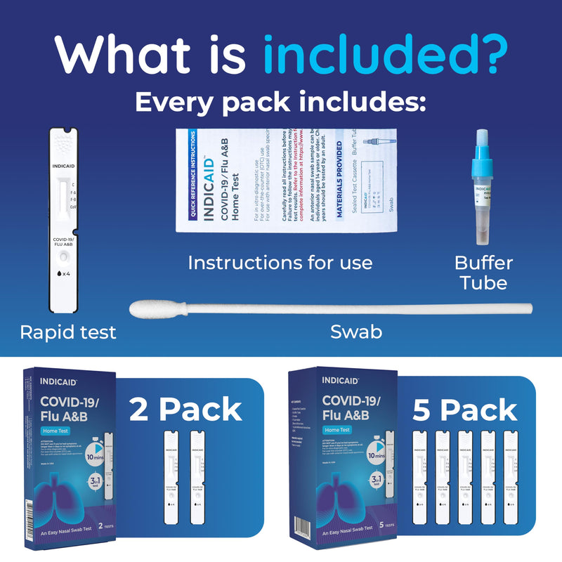 INDICAID COVID-19/Flu A+B 3-in-1 Antigen Test, Covid Flu Test Combo, 5 Tests, Accurate Results in 10 Minutes - Made in USA, Easy to Use at Home, School, Working Place, and when Traveling- FSA/HSA Eligible