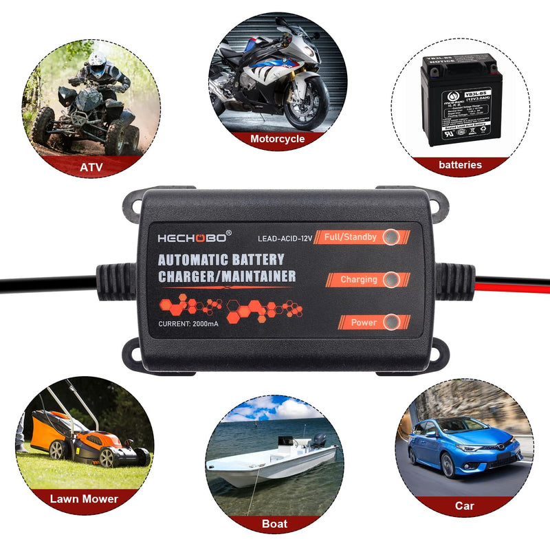 12v 2A Battery Charger, Trickle Charger for Lawn Mower Battery, Motorcycle, car, Boat, ATVs, Riding andMore -2000mA Battery Maintainer and Desulfator withIntelligent Interface 1