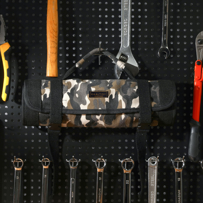 Tool Storage Roll, Heavy Duty 16oz Waxed Canvas Roll Up Tool Pouch Bag (23 Pockets & Portable Handle), Tool Carrier for Mechanic Carpenter | 26" x 13" | Camouflage Camouflage & Black