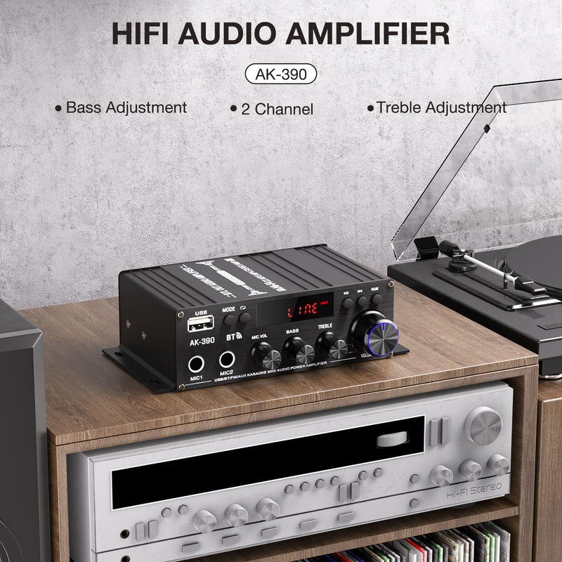 AK-390 2.0CH Stereo Amplifier, Max 400W HiFi Stereo Amplifier, Bluetooth 5.0 Home Audio Power Amplifiers with MIC/RCA/USB/SD for Car Home Karaoke Bar Garage, Remote Control & Power Adapter