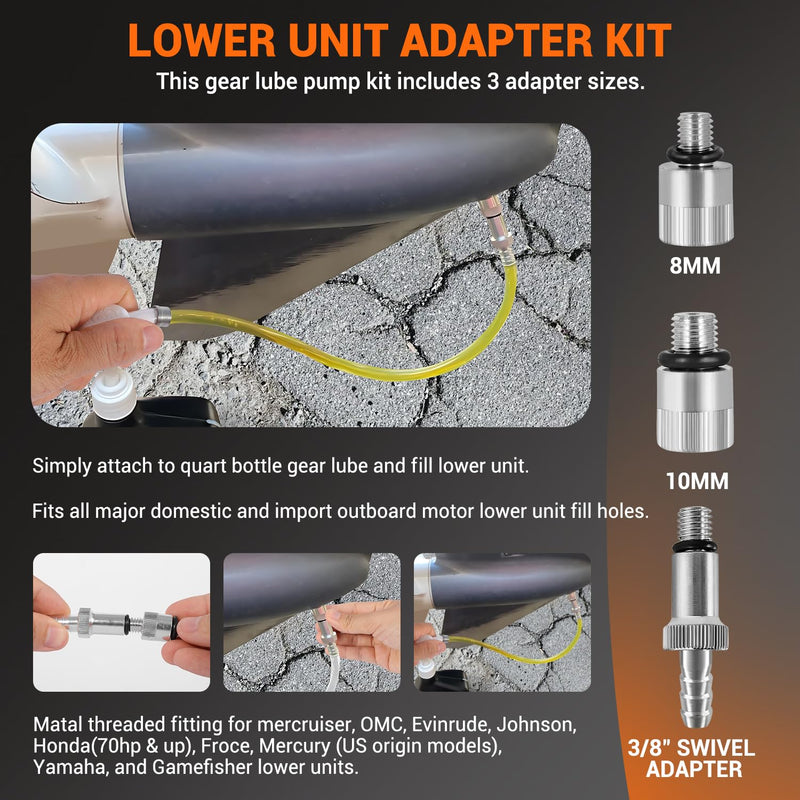 Lower Unit Gear Oil Pump for Standard Quart Bottles - 10cc Per Pump Stroke, Transmission Fluid Pump Includes 3/8 inch Metal Swivel, 8mm and 10mm, 3rd Hand Adapter