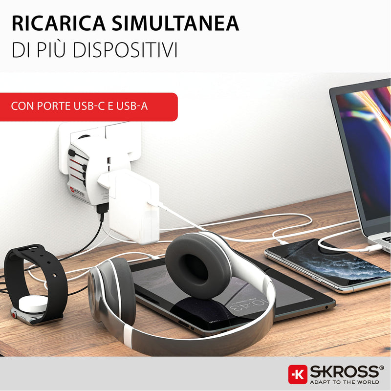 SKROSS Universal Travel Plug with USB and USB C, 1.302962, White