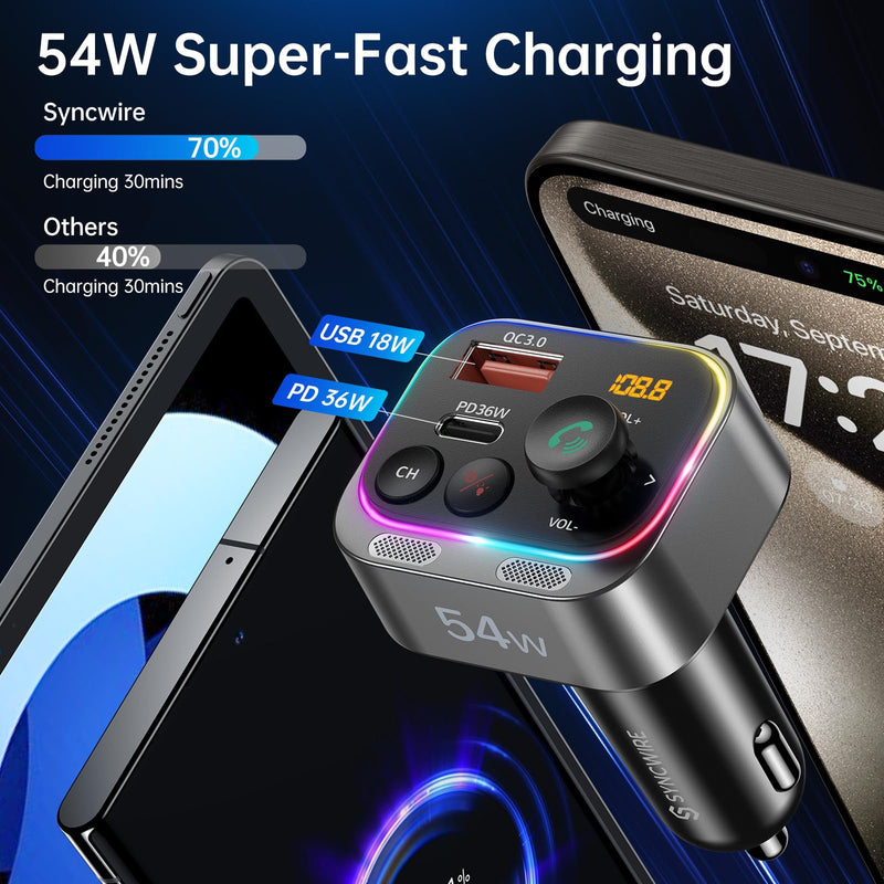 Syncwire Bluetooth 5.4 FM Transmitter Car Adapter 54W (PD 36W & 18W) [Stronger Dual Mics] [Light Switch] [HiFi Bass Sound] [Fast Charging] Wireless Radio Receiver Hands-Free Calling LED Display Silver