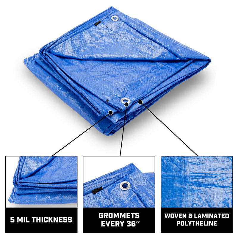 Grizzly Tarps by B-Air 6' x 8' Large Multi-Purpose Waterproof Heavy Duty Poly Tarp with Grommets Every 36", 8x8 Weave, 5 Mil Thick, for Home, Boats, Cars, Camping, Protective Cover, Blue 6' x 8'