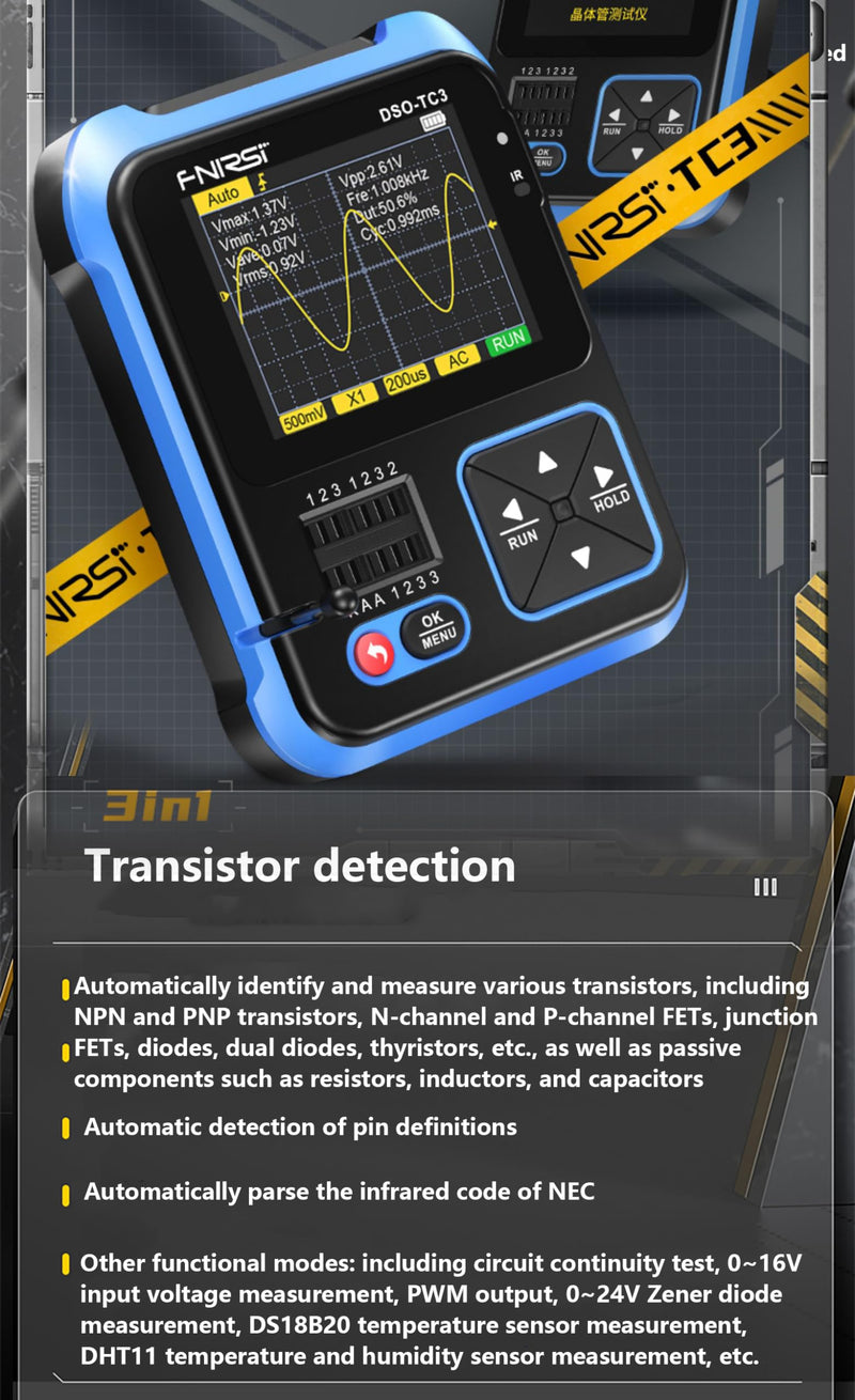 WANGCL TC3 - 3 in 1 Portable Oscilloscope ESR Tester 2.4" TFT Display 1500mA Mini Digital Oscilloscope 200kHz Bandwidth and 2.5MS/s Sampling Rate