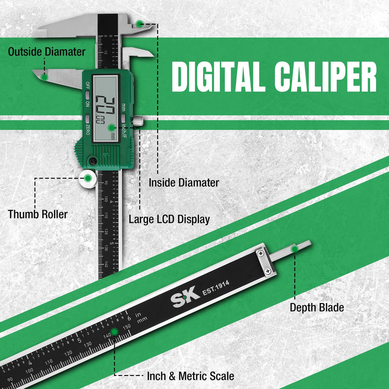 SK 6-Inch Digital Calipers, Vernier Caliper with Large LCD Screen, Caliper Measuring Tool with Auto-Off Feature, Inch/Millimeter/Fraction Conversion, ±0.001" Accuracy